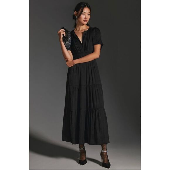 NEW Anthropologie Black Somerset Smocked Waist V-Neck Tiered Maxi Dress XX-Small - Picture 2 of 9
